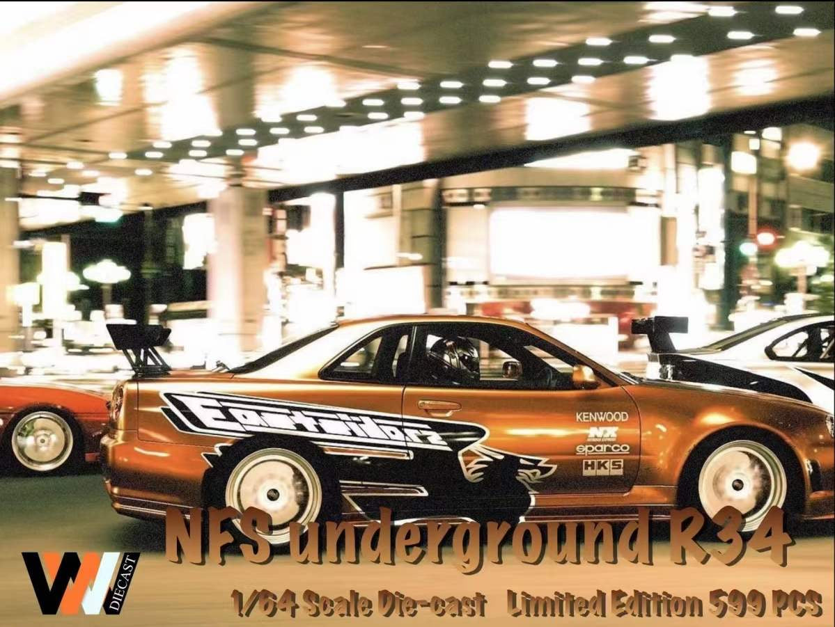 Street Weapon 1:64 Nissan Skyline GT-R R34 Z-Tune Need For Speed 7 Underground Orange Gold