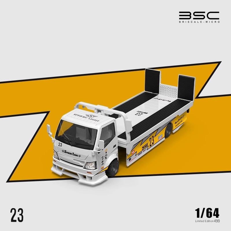 BSC 1/64 Hino H300 Flat bed Transport Trailer Truck Extendable Flat Bed LBWK #23 Edition + Nissan GT-R R35 + Resin Human Figure Full Set