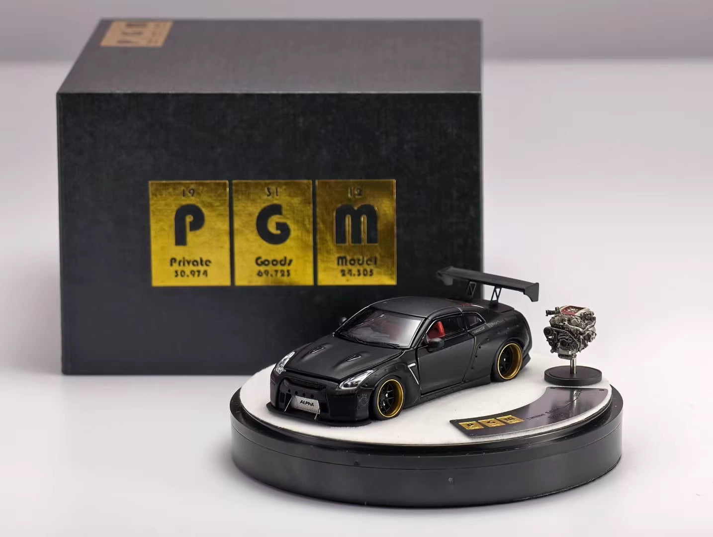PGM 1:64 Nissan Skyline GT-R R35 Pandem Rocket Bunny Matt Black with Separated Display Engine Limited 999 Pieces (Premium Round Box Packaging)