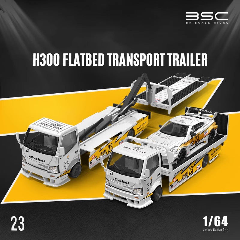 BSC 1/64 Hino H300 Flat bed Transport Trailer Truck Extendable Flat Bed LBWK #23 Edition + Nissan GT-R R35 + Resin Human Figure Full Set