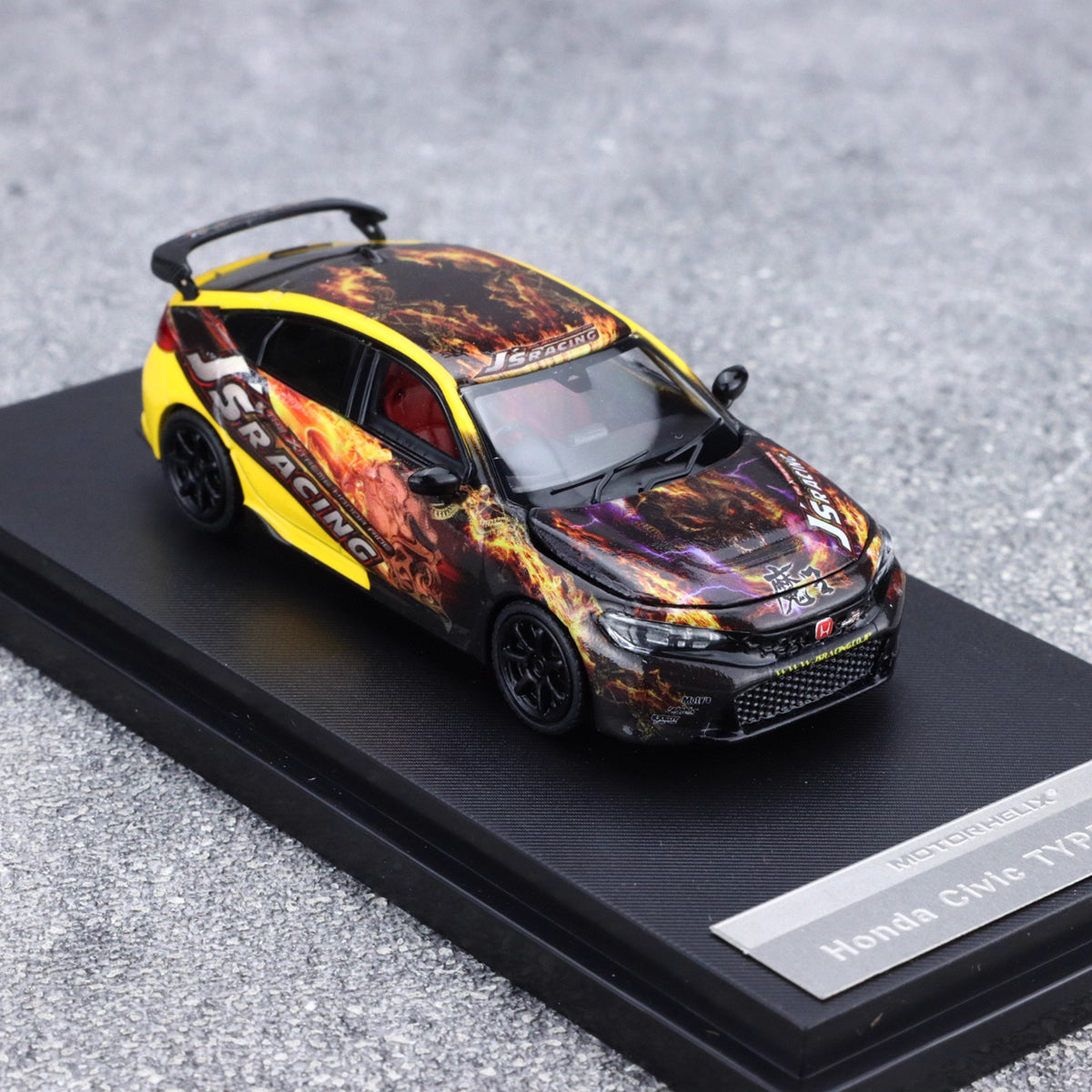 Motorhelix Senior Series 1:64 Honda Civic Type-R FL5 J's Racing Custom Black & Yellow Openable Front Engine Hood - Honda J's Racing Official Licensed