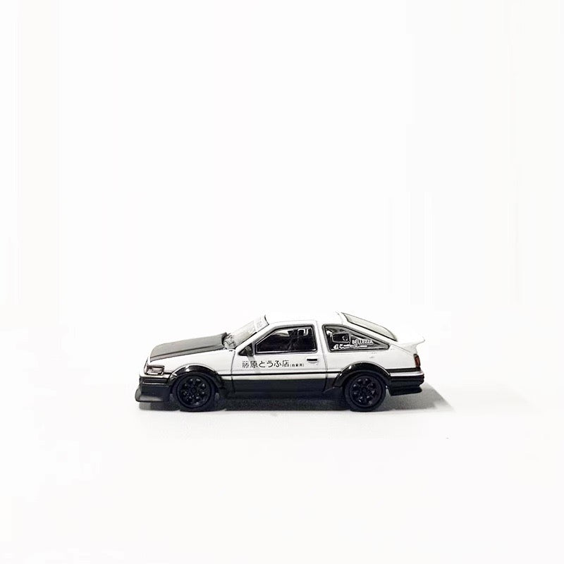 DCT 1:64 Toyota Corolla AE86 Levin GT-APEX RWB Wide Body Custom Initial D Fujiwara Edition White with Black Carbon Hood