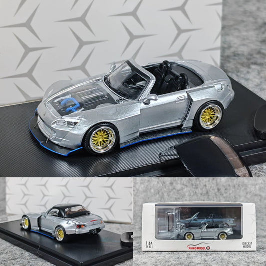 Rhino Model 1:64 Honda S2000 AP2 Convertible Wide Body Silver Openable Front Hood Detailed Engine with Extra Hard Roof for Replacement