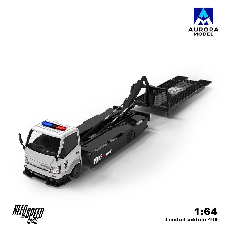 Aurora Model 1:64 Hino H300 Flat bed Transport Trailer Truck Extendable Flat Bed Need For Speed Rivals Edition + Ferrari F40 Need For Speed Rivals Police Car + Resin Policeman Figure Full Set