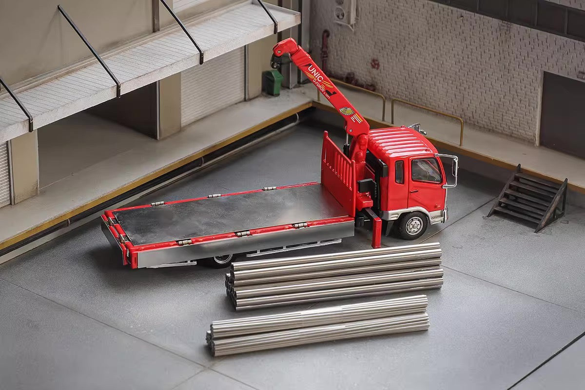 GCD 1:64 Mitsubishi Fuso Fighter Boom Lifter Crane Truck Official Licensed Red with 3 Thick and 3 Thin Bunches of Metal Pipes Accessories