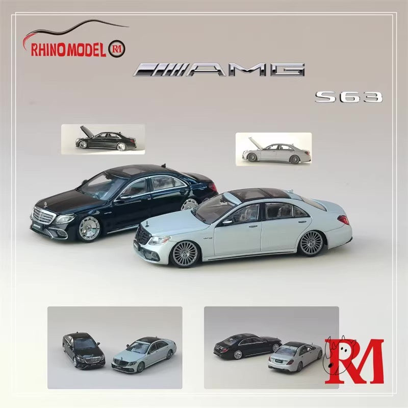 Rhino Model 1:64 Mercedes Benz AMG S63 S-Class MK6 W222 Black with Normal Wheels Normal Stance Openable Front Hood Detailed Engine