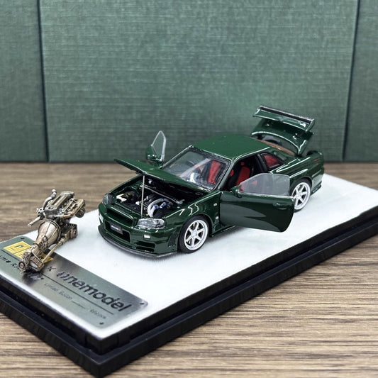 PGM 1:64 Nissan Skyline GT-R R34 Nismo Z-Tune British Green with Separated Display Engine Nissan Official Licensed (Normal Rectangle Box Edition)