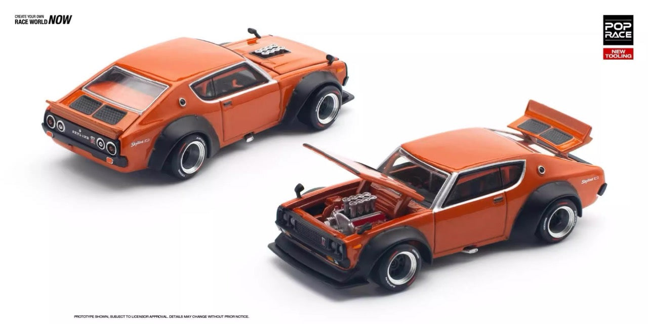 Pop Race 1:64 Nissan Skyline GT-R KPGC110 V8 Drift Kenmeri Orange Opening Front and Rear Detailed Engine (PR640173)