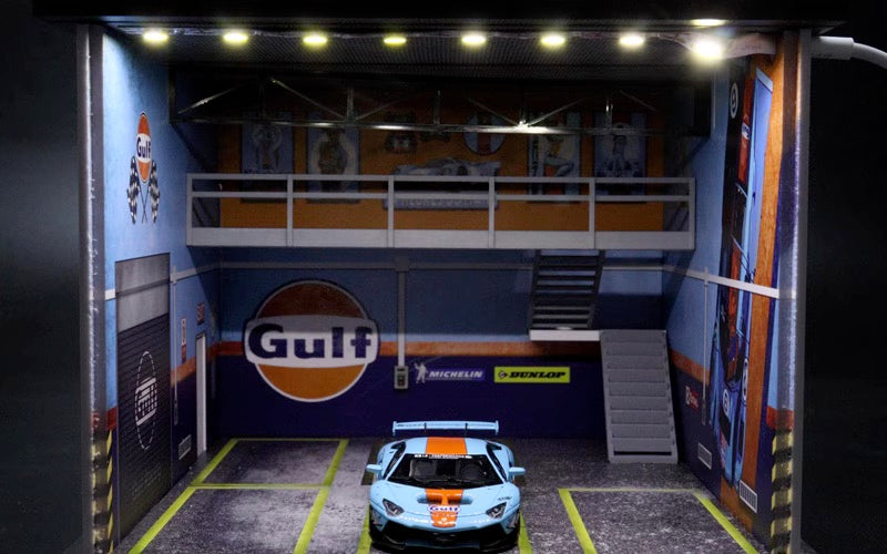 G-Fans 1/64 Gulf Double Levels Garage LED Light Diorama with acrylic cover