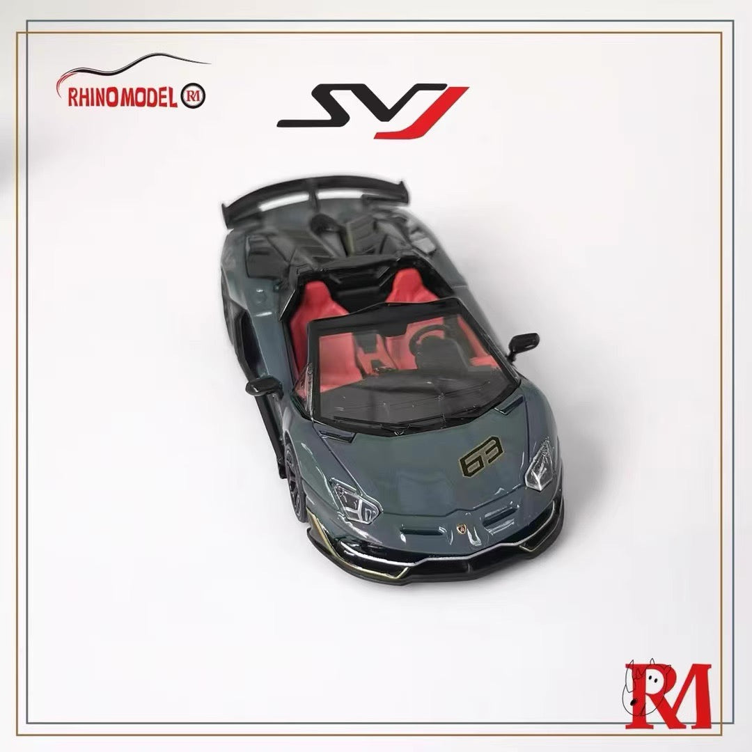 Rhino Model 1:64 Lamborghini Aventador SVJ Removable Roof Metallic Grey Blue