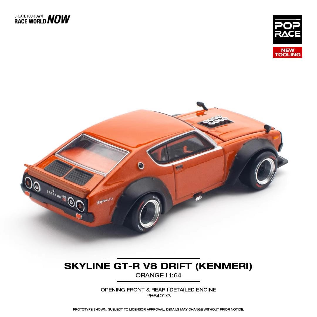 Pop Race 1:64 Nissan Skyline GT-R KPGC110 V8 Drift Kenmeri Orange Opening Front and Rear Detailed Engine (PR640173)