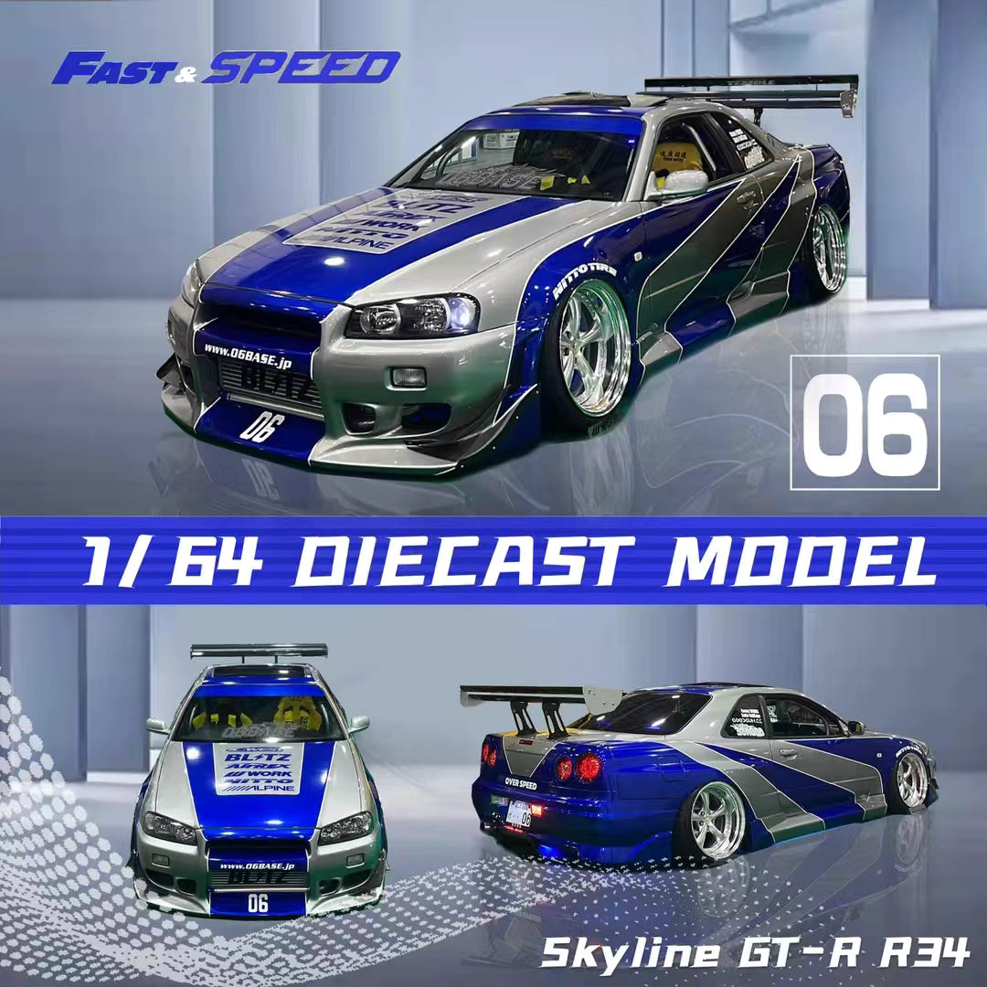 Fast Speed 1:64 Nissan GT-R BNR34 R34 Nismo Z-Tune Silver Blue Strips