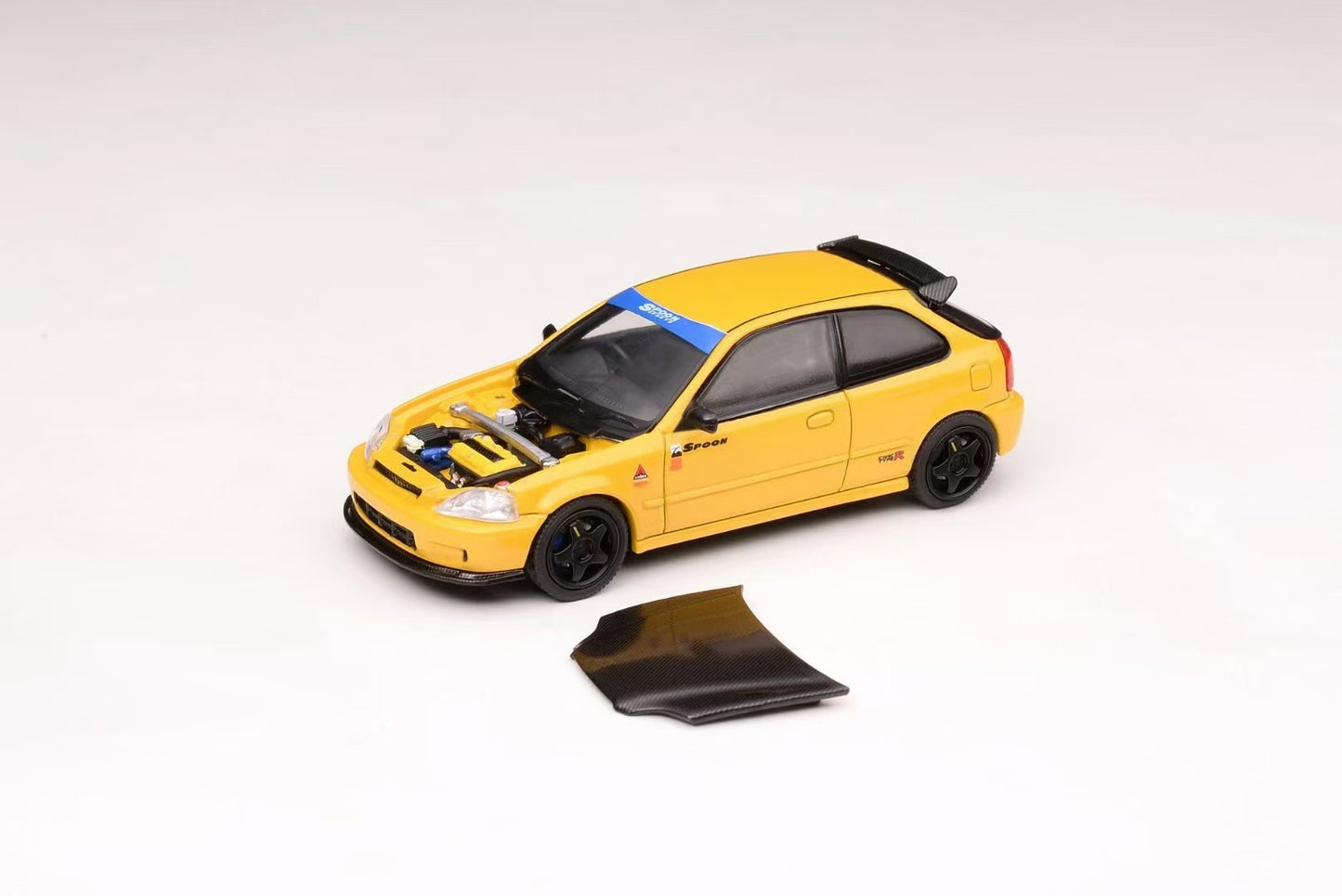 Motorhelix Intern Series 1:64 Honda Civic Type R EK9 Carbon Hood Spoon Edition Sunlight Yellow - Honda and Spoon Official Licensed
