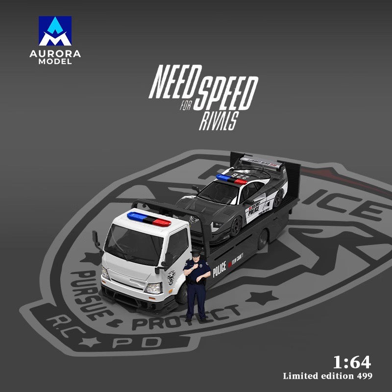 Aurora Model 1:64 Hino H300 Flat bed Transport Trailer Truck Extendable Flat Bed Need For Speed Rivals Edition + Ferrari F40 Need For Speed Rivals Police Car + Resin Policeman Figure Full Set