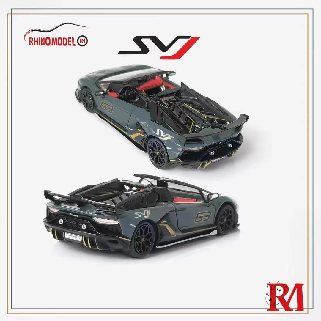 Rhino Model 1:64 Lamborghini Aventador SVJ Removable Roof Metallic Grey Blue