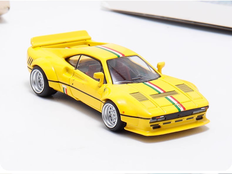 Hone Model 1:64 Ferrari 288 GTO Wide Body Custom Yellow with Racing Strips Openable Rear Engine Hood