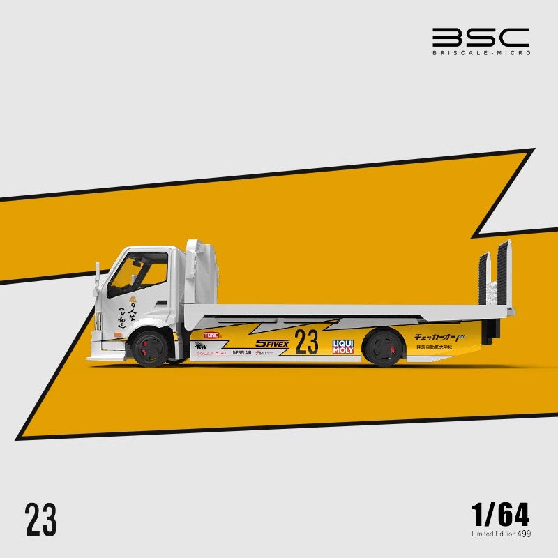 BSC 1/64 Hino H300 Flat bed Transport Trailer Truck Extendable Flat Bed LBWK #23 Edition + Nissan GT-R R35 + Resin Human Figure Full Set