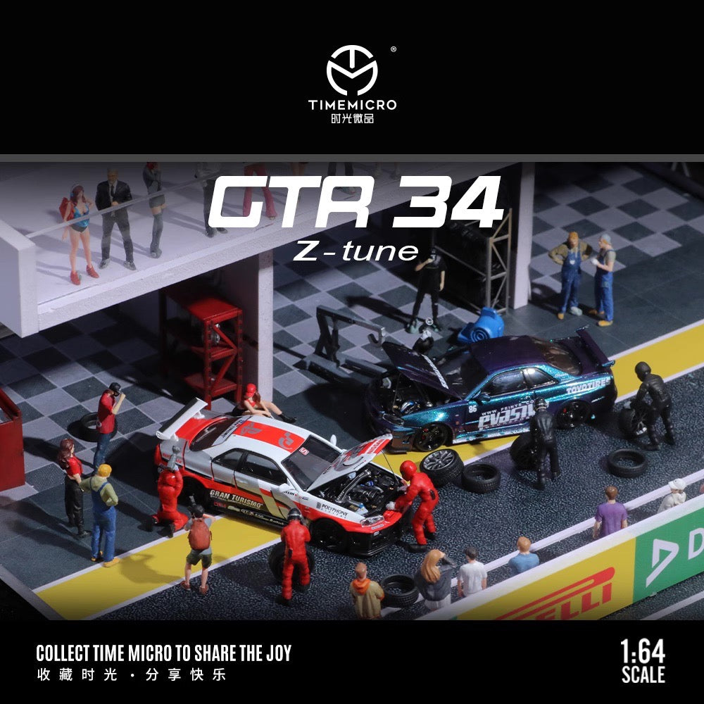 Time Micro 1:64 Nissan Skyline GT-R R34 Z-Tune Openable Engine Hood Evasive Motorsports Purple With Model Girl Figure