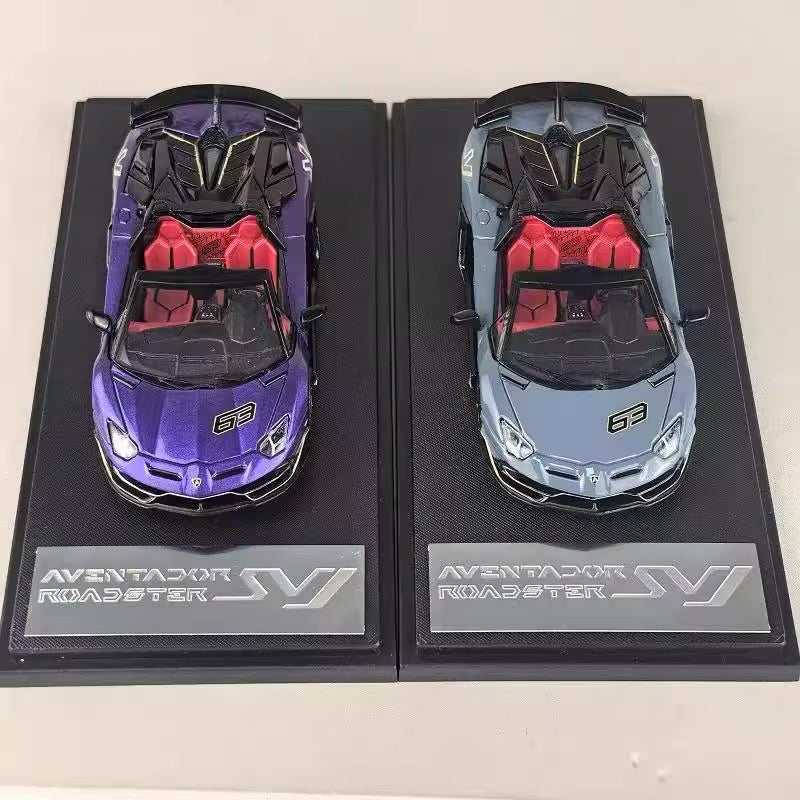 Rhino Model 1:64 Lamborghini Aventador SVJ Removable Roof Metallic Grey Blue
