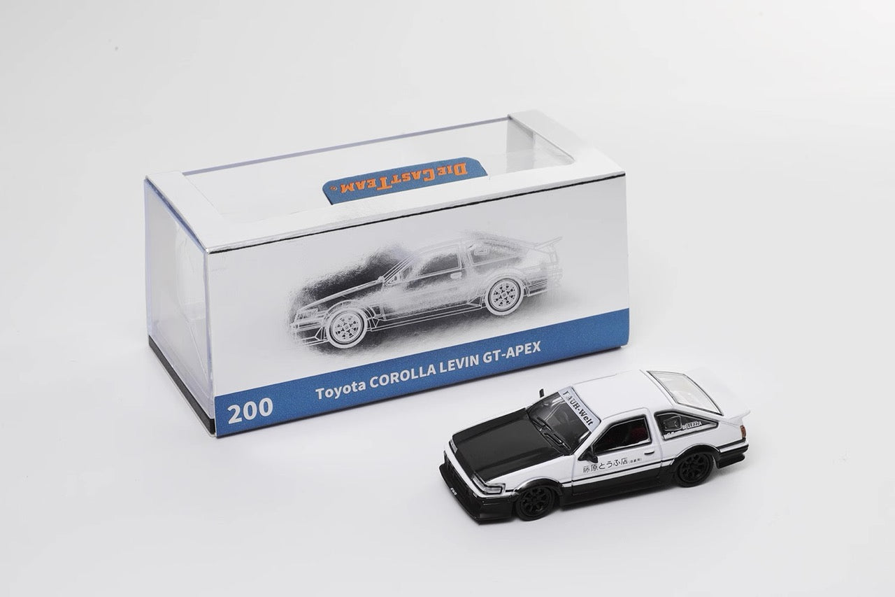DCT 1:64 Toyota Corolla AE86 Levin GT-APEX RWB Wide Body Custom Initial D Fujiwara Edition White with Black Carbon Hood