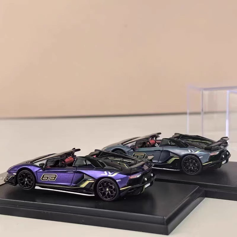 Rhino Model 1:64 Lamborghini Aventador SVJ Removable Roof Metallic Grey Blue