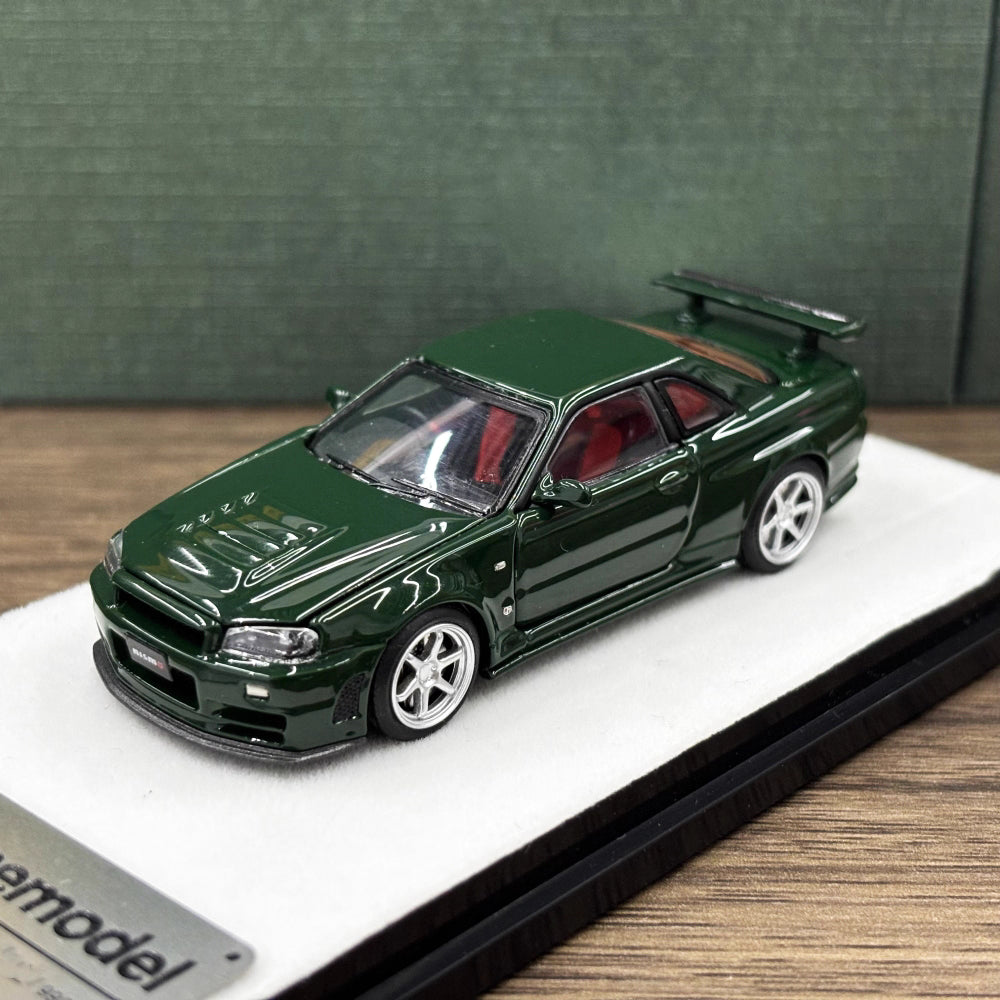 PGM 1:64 Nissan Skyline GT-R R34 Nismo Z-Tune British Green with Separated Display Engine Nissan Official Licensed (Normal Rectangle Box Edition)