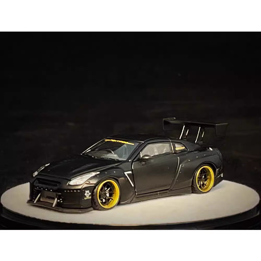 PGM 1:64 Nissan Skyline GT-R R35 Pandem Rocket Bunny Matt Black with Separated Display Engine Limited 999 Pieces (Premium Round Box Packaging)