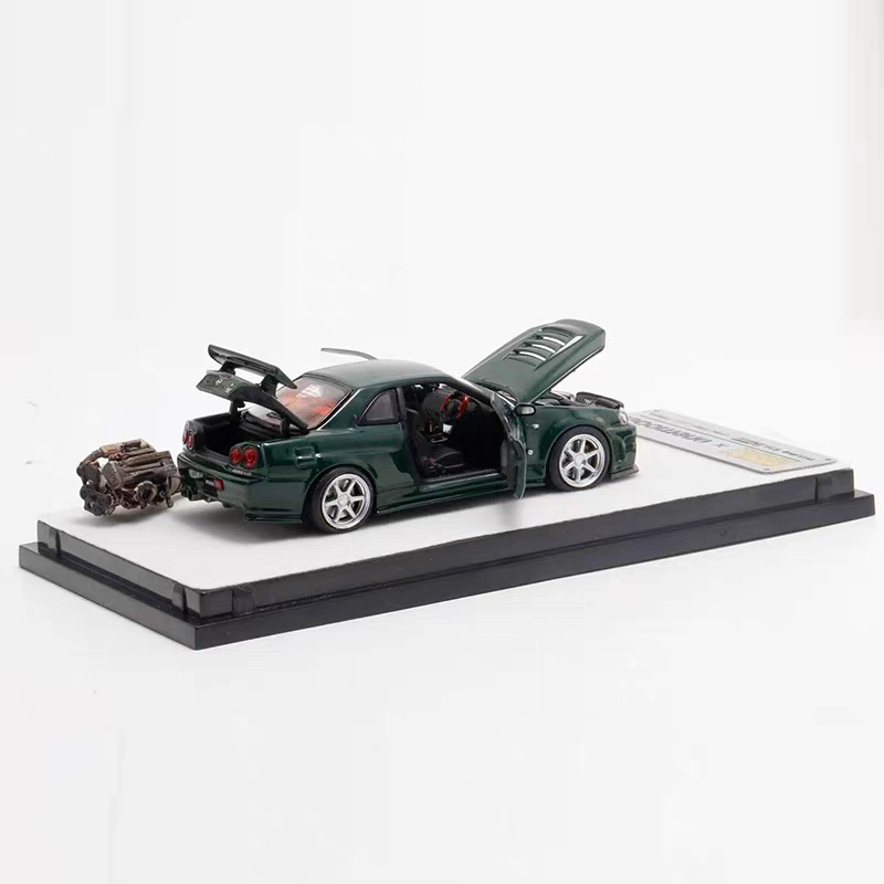 PGM 1:64 Nissan Skyline GT-R R34 Nismo Z-Tune British Green with Separated Display Engine Nissan Official Licensed (Normal Rectangle Box Edition)