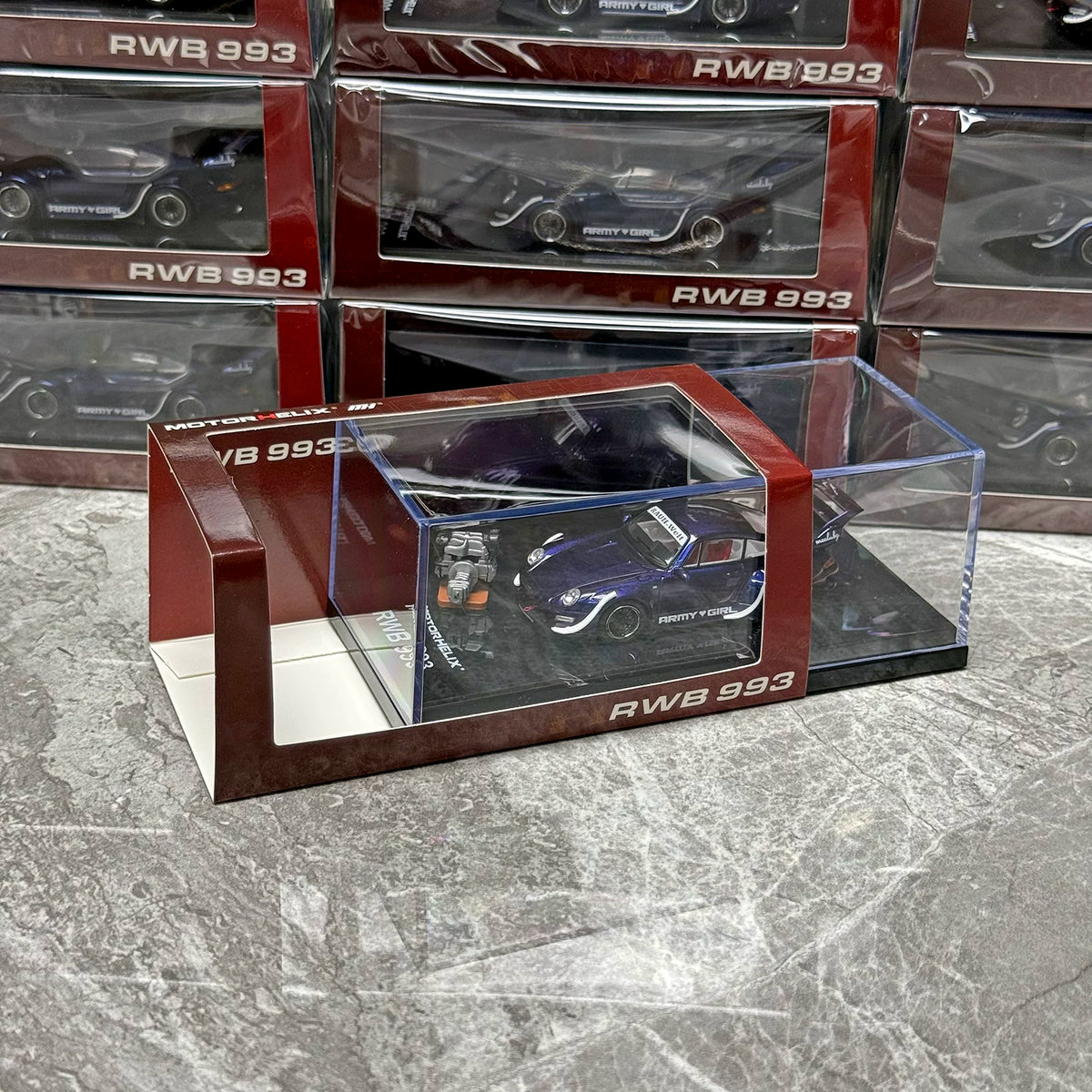 Motorhelix 1:64 RWB 993 Army Girl Purple Includes Magnetic Air-Cooled Engine Display Model