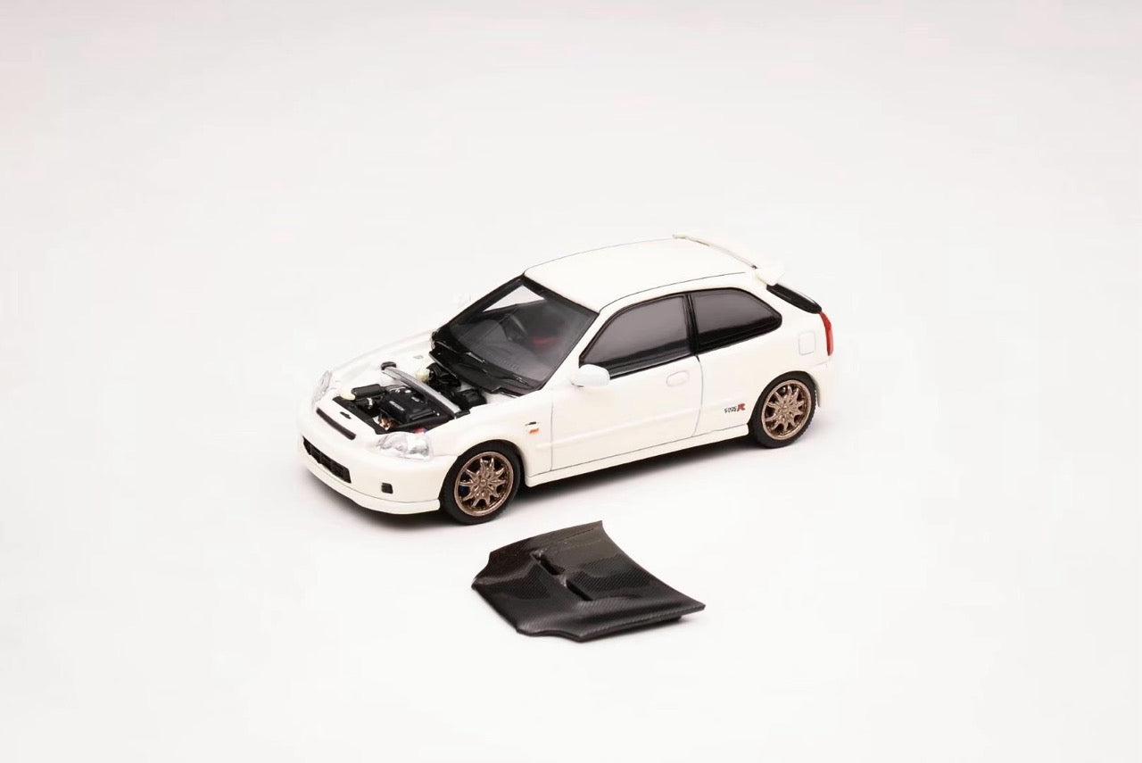 Motorhelix Intern Series 1:64 Honda Civic Type R EK9 Carbon Hood Mugen Edition Champion White - Honda and Mugen Official Licensed