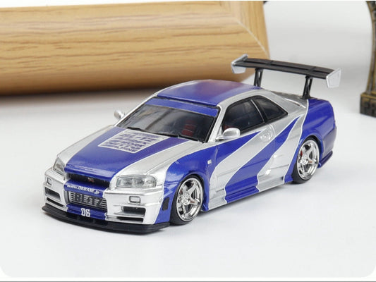 Fast Speed 1:64 Nissan GT-R BNR34 R34 Nismo Z-Tune Silver Blue Strips