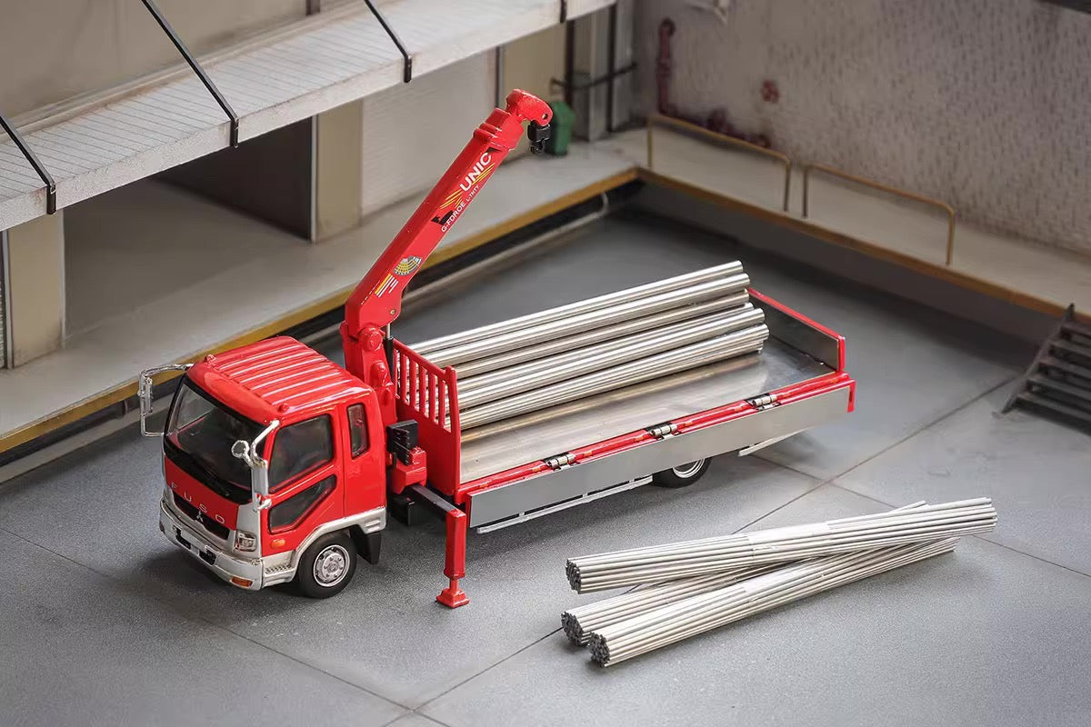GCD 1:64 Mitsubishi Fuso Fighter Boom Lifter Crane Truck Official Licensed Red with 3 Thick and 3 Thin Bunches of Metal Pipes Accessories