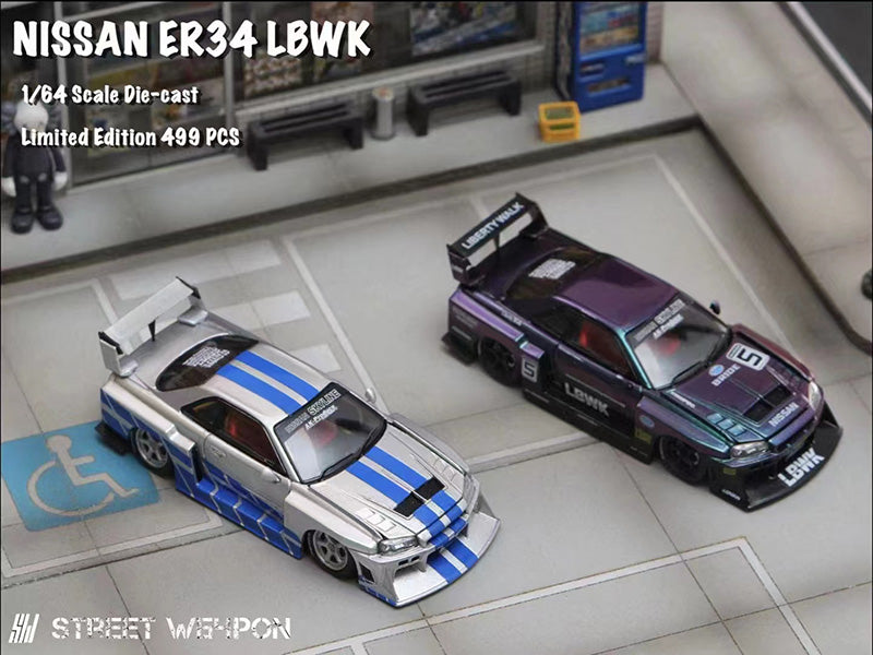 Street Weapon 1/64 Nissan Skyline GT-R R34 LBWK ER34 Liberty Walk Fast & Furious Silver with Blue Stripes Open Bonnet Engine Hood