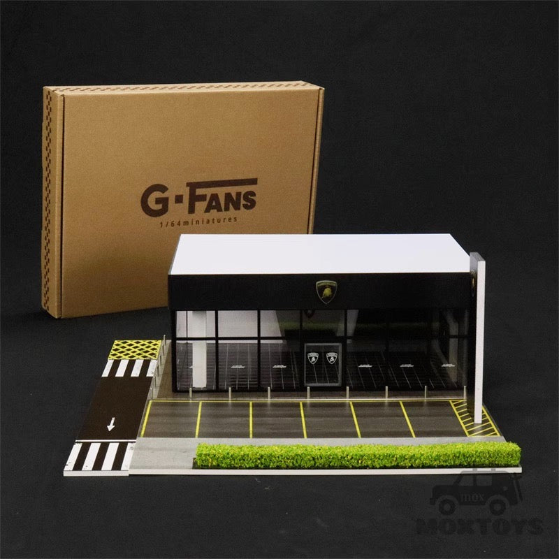 G-Fans 1/64 Lamborghini Dealership Center LED Light Diorama with Car Parking Lot