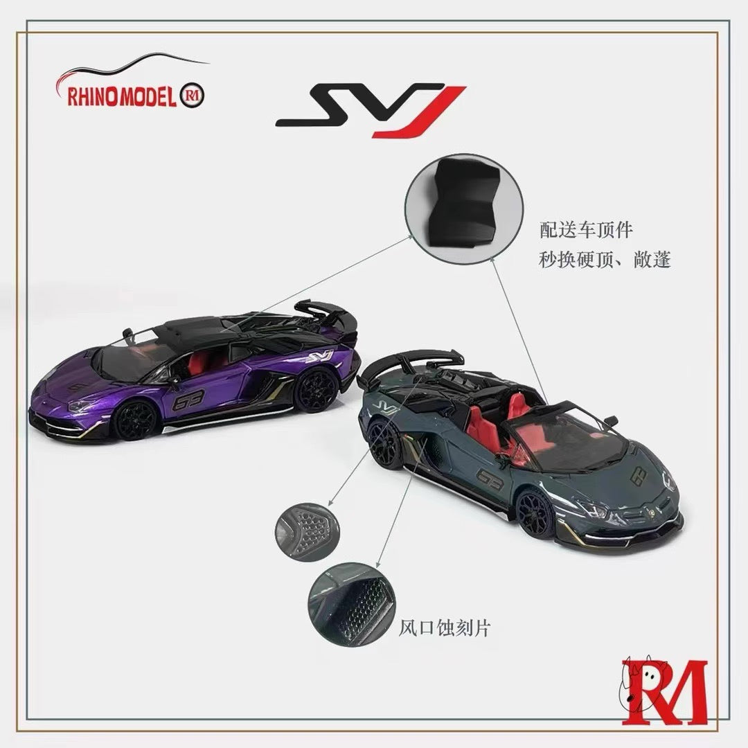Rhino Model 1:64 Lamborghini Aventador SVJ Removable Roof Metallic Grey Blue