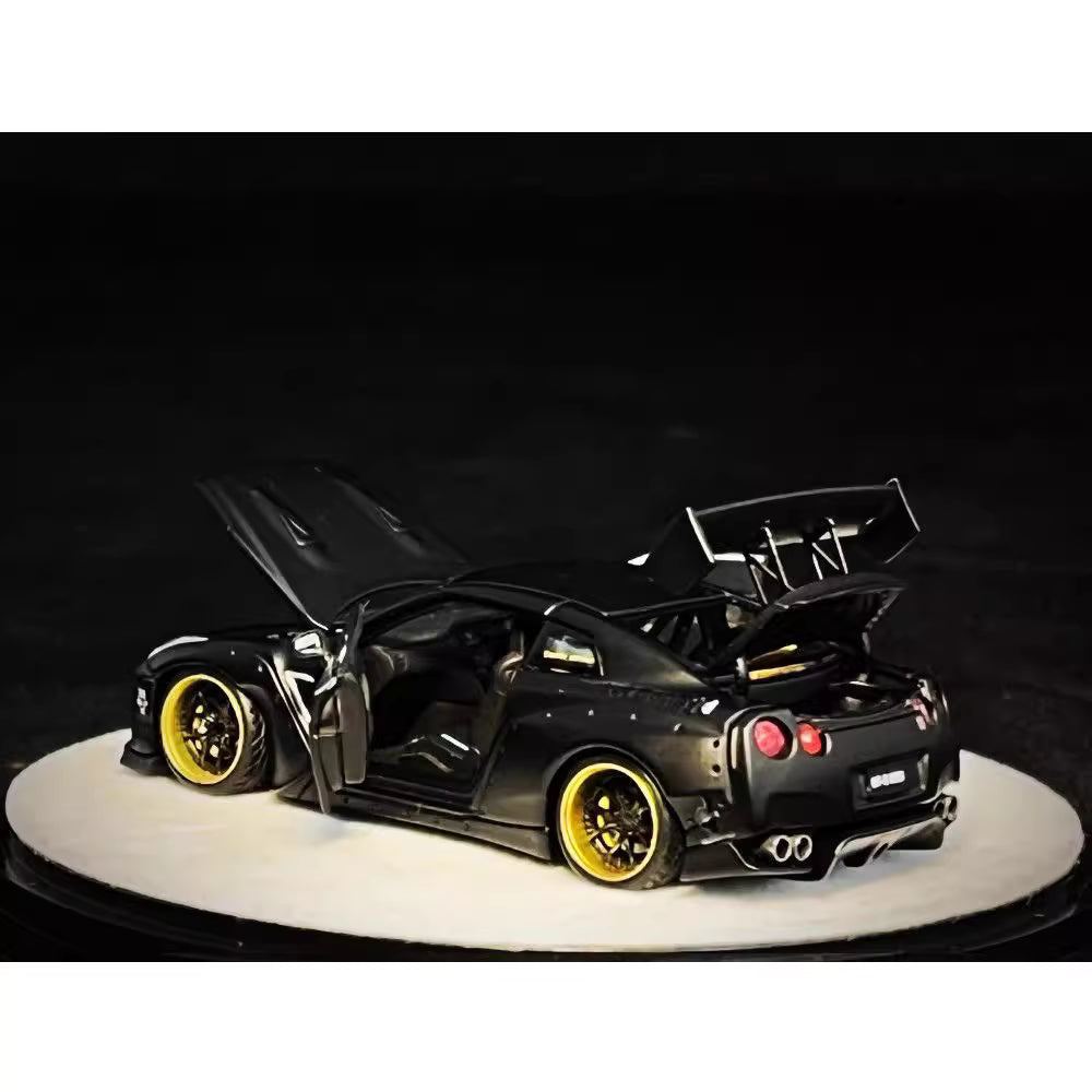 PGM 1:64 Nissan Skyline GT-R R35 Pandem Rocket Bunny Matt Black with Separated Display Engine Limited 999 Pieces (Premium Round Box Packaging)