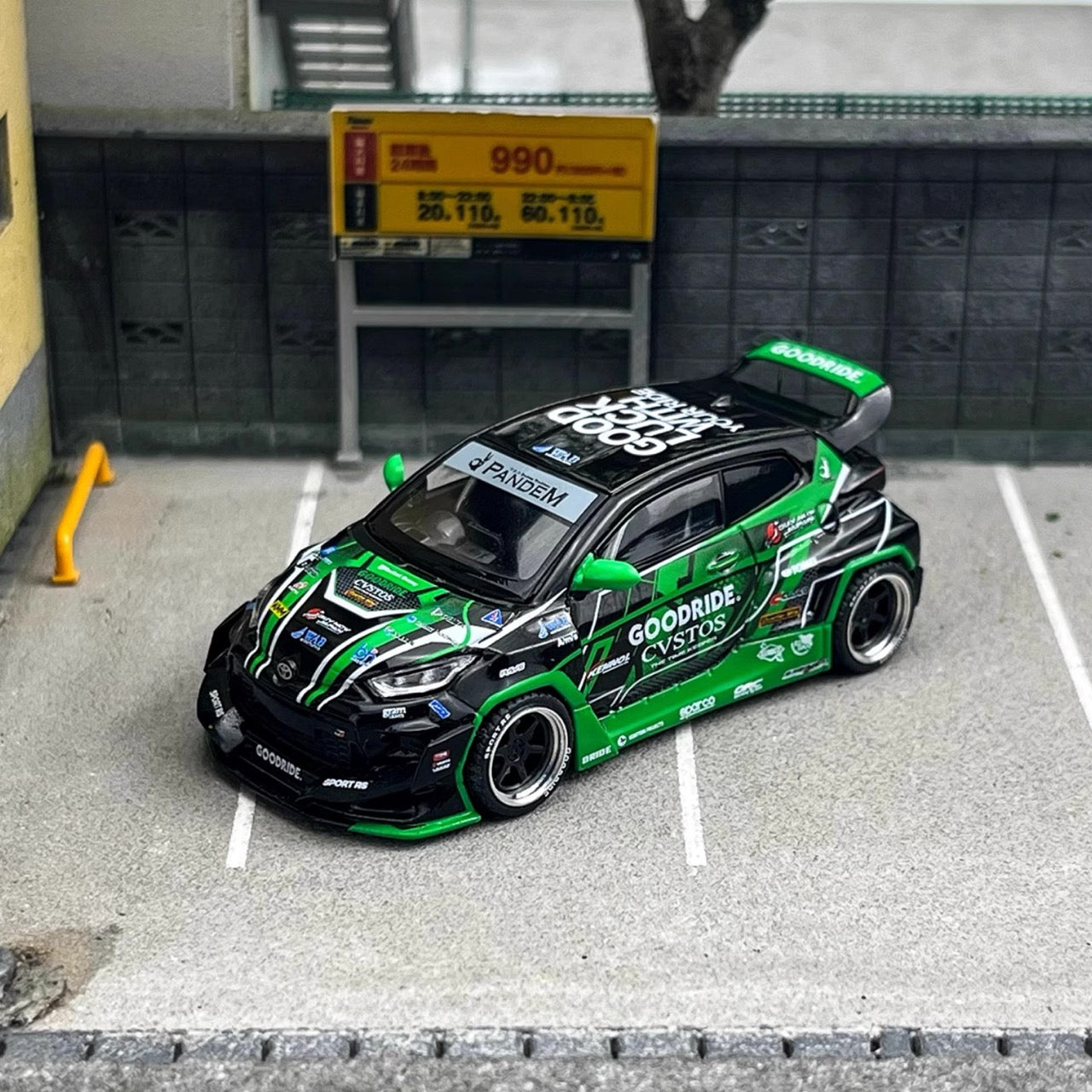 Pop Race X Enigma 1:64 Toyota GR GR Yaris Pandem Rocket Bunny Custom Goodride Green Black in Blister Packaging (PRE007)