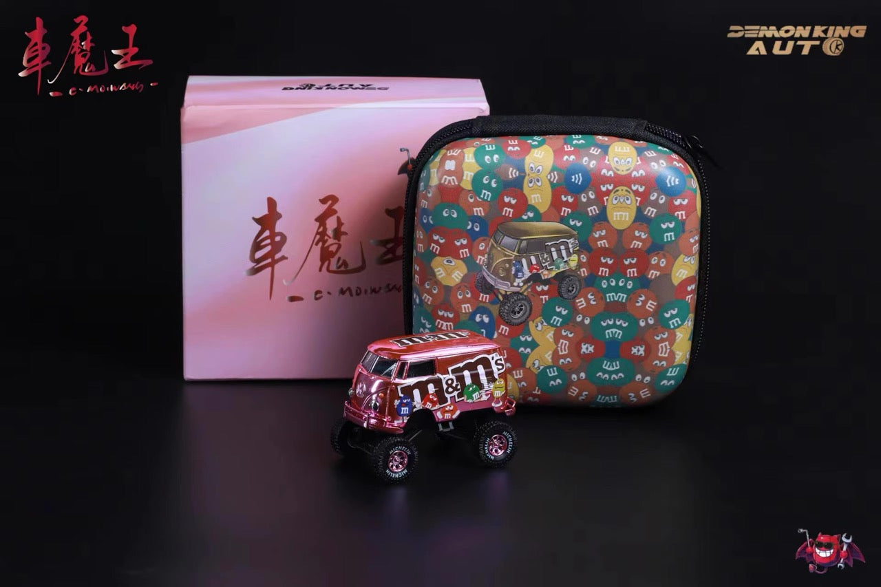 Demon King Auto x HY Model 1:64 Volkswagen T1 Kombi Camper Van Short Axis Egg Car M&M Edition Chrome Pink 4x4 Monster Truck Wheels