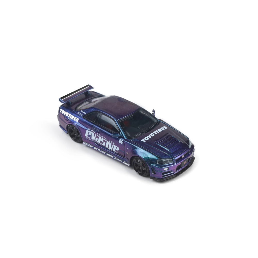 Time Micro 1:64 Nissan Skyline GT-R R34 Z-Tune Openable Engine Hood Evasive Motorsports Purple