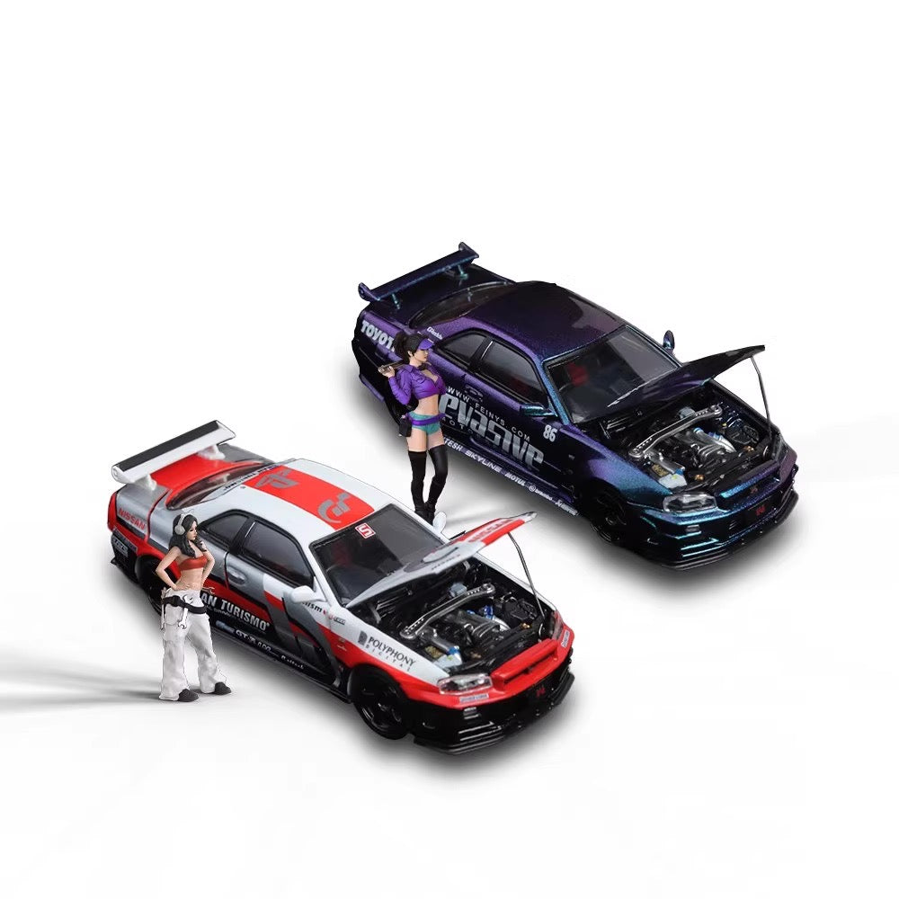 Time Micro 1:64 Nissan Skyline GT-R R34 Z-Tune Openable Engine Hood Evasive Motorsports Purple With Model Girl Figure
