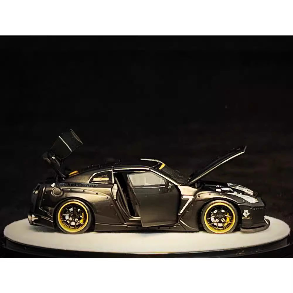 PGM 1:64 Nissan Skyline GT-R R35 Pandem Rocket Bunny Matt Black with Separated Display Engine Limited 999 Pieces (Premium Round Box Packaging)