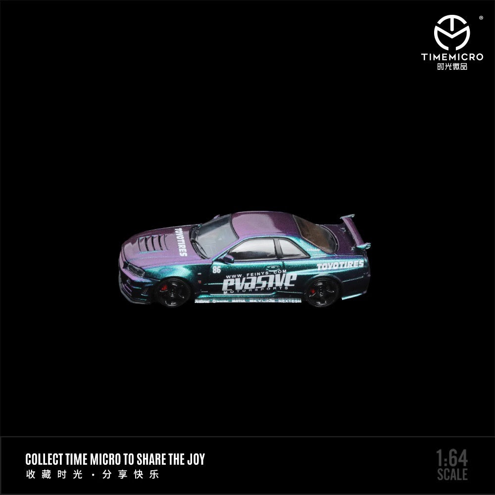Time Micro 1:64 Nissan Skyline GT-R R34 Z-Tune Openable Engine Hood Evasive Motorsports Purple With Model Girl Figure