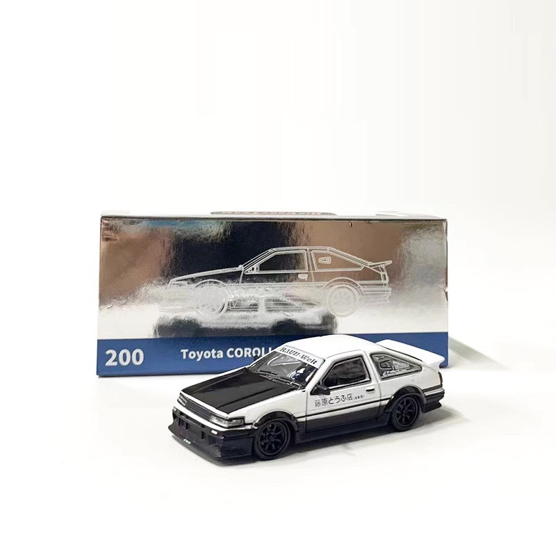 DCT 1:64 Toyota Corolla AE86 Levin GT-APEX RWB Wide Body Custom Initial D Fujiwara Edition White with Black Carbon Hood