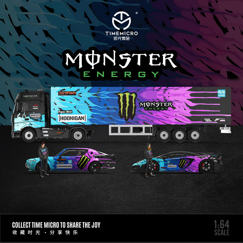 Time Micro 1:64 Mercedes Benz Actros Container Truck Monster Energy Black Edition + Lamborghini Aventador GT EVO + Nissan GT-R KPGC110 + 2 Figures Full Set
