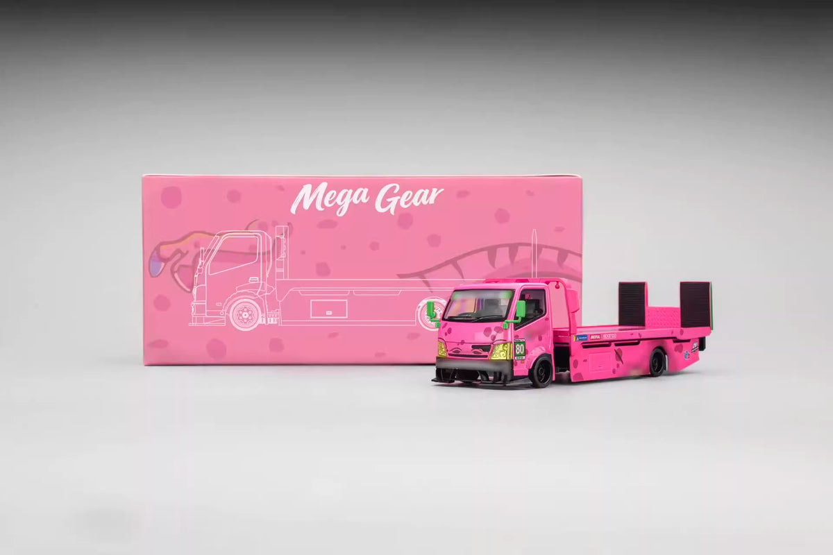 Mega Gear 1:64 Hino 300 Series MK2 Custom Extendable Tow Truck Flat bed Livery Tyrannosaurus Roxy Pink (Limited to 2 per customer/ address)