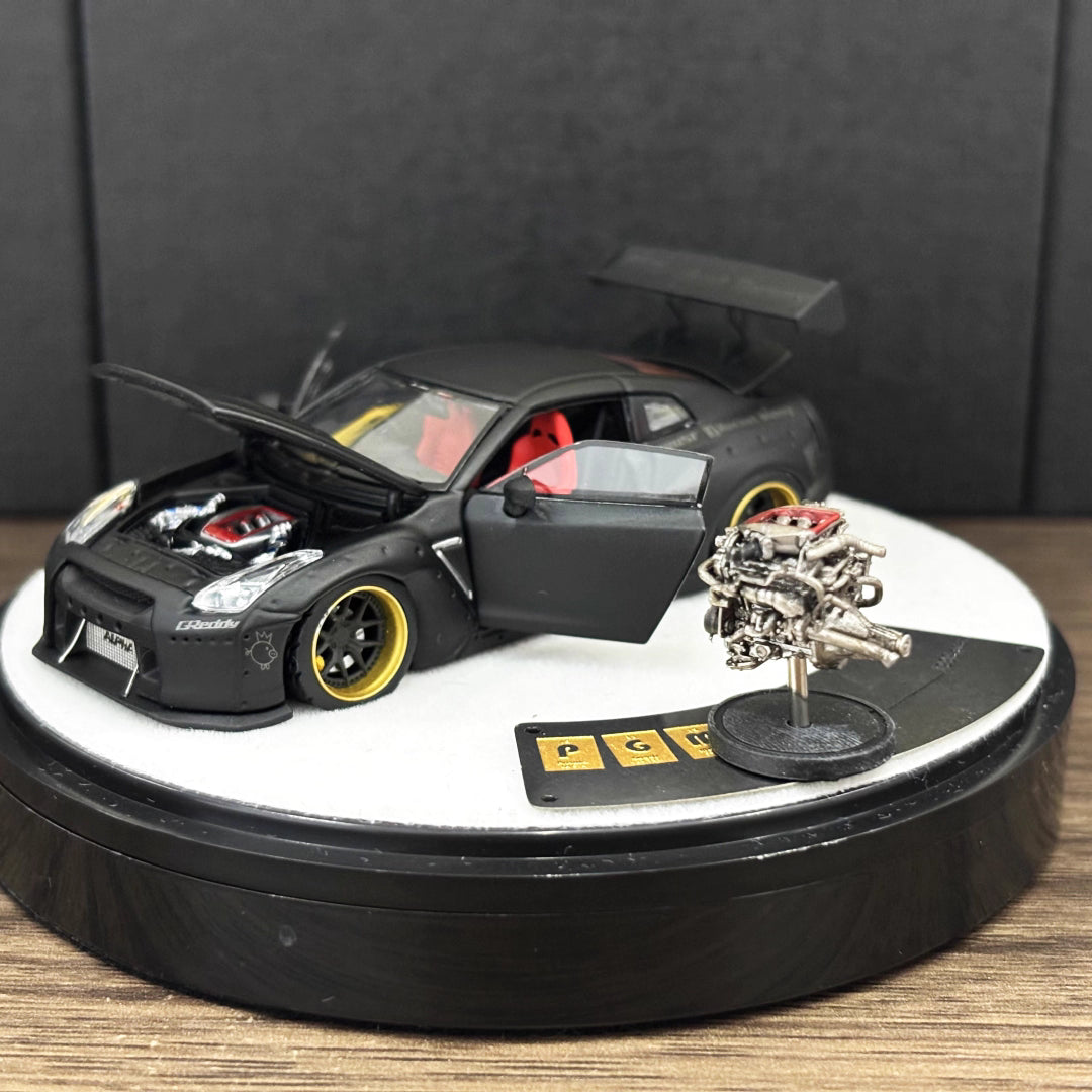 PGM 1:64 Nissan Skyline GT-R R35 Pandem Rocket Bunny Matt Black with Separated Display Engine Limited 999 Pieces (Premium Round Box Packaging)