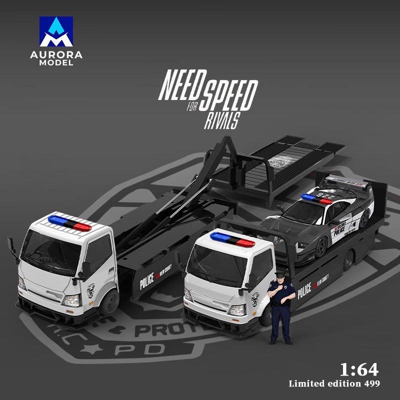 Aurora Model 1:64 Hino H300 Flat bed Transport Trailer Truck Extendable Flat Bed Need For Speed Rivals Edition + Ferrari F40 Need For Speed Rivals Police Car + Resin Policeman Figure Full Set