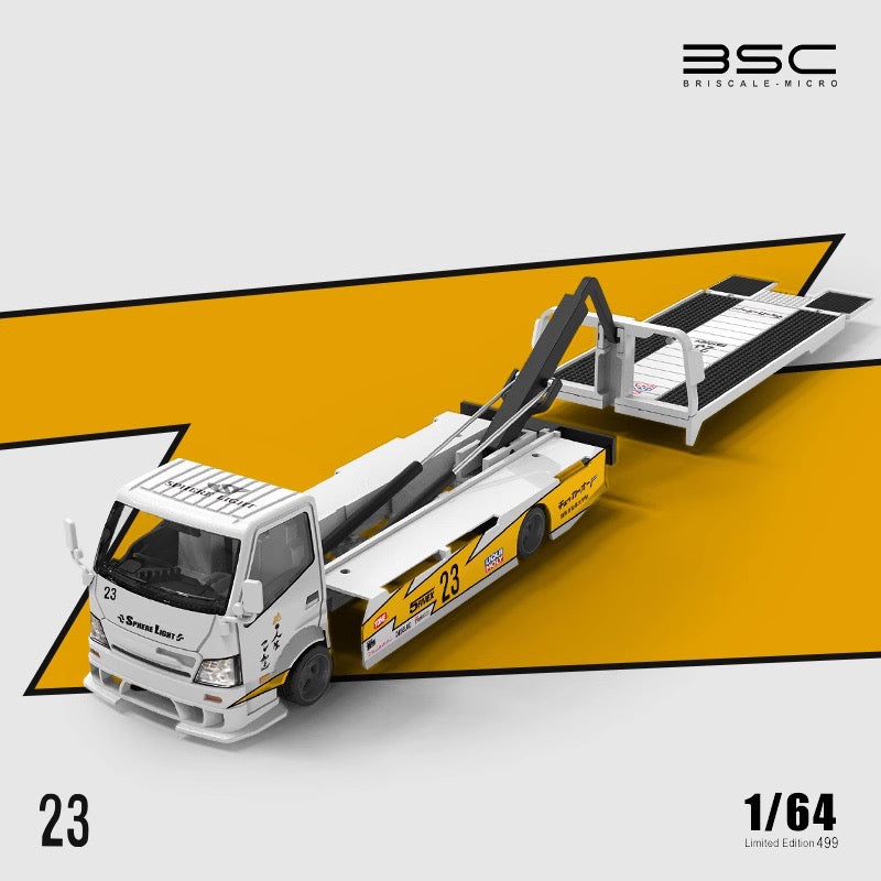BSC 1/64 Hino H300 Flat bed Transport Trailer Truck Extendable Flat Bed LBWK #23 Edition + Nissan GT-R R35 + Resin Human Figure Full Set