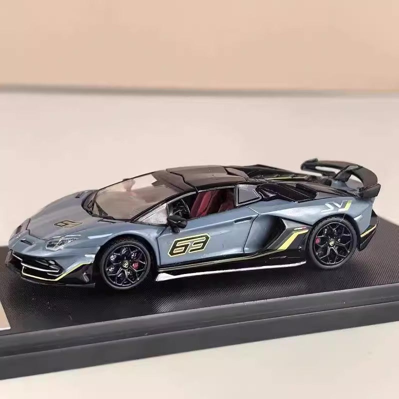 Rhino Model 1:64 Lamborghini Aventador SVJ Removable Roof Metallic Grey Blue