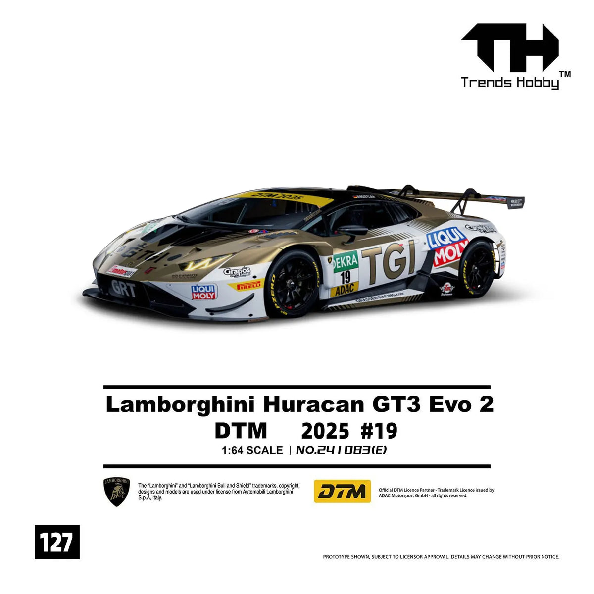 Trends Hobby 1:64 Lamborghini Huracan GT3 EVO2 GRT 2025 DTM #19 Openable Rear Hood Detailed Engine Lamborghini Official Licensed (241083E)